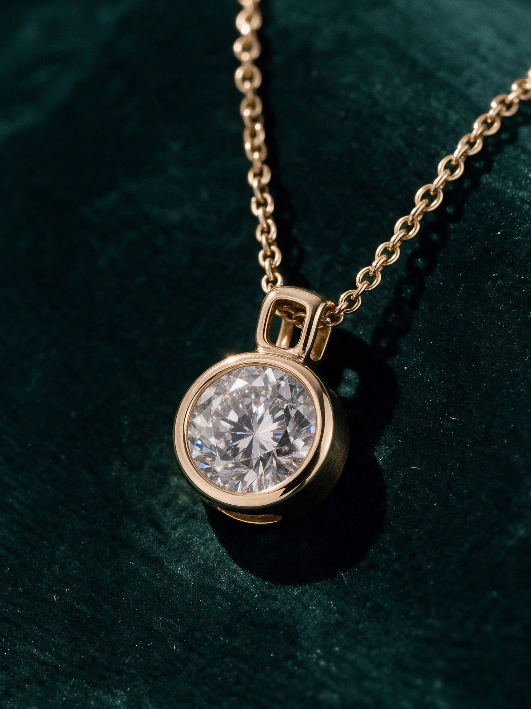 Round Bezel Solitaire Pendant — hero view, 0.50 ct · 14k yellow gold · 16–18 inch chain included